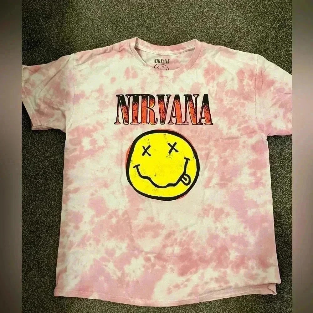 Nirvana Smiley Face tie dye Graphic Short Sleeve Women T-Shirt sz m